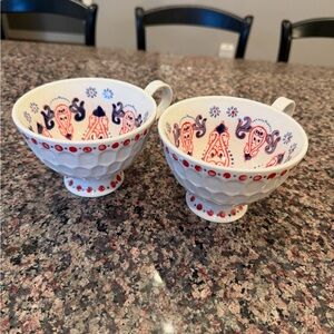 anthropologie Boho floral honeycomb mug/cup Set Of 2 Red White Blue